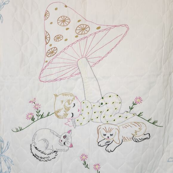 Cottagecore embroidered baby blanket mushroom cat dog flowers - Picture 1 of 12